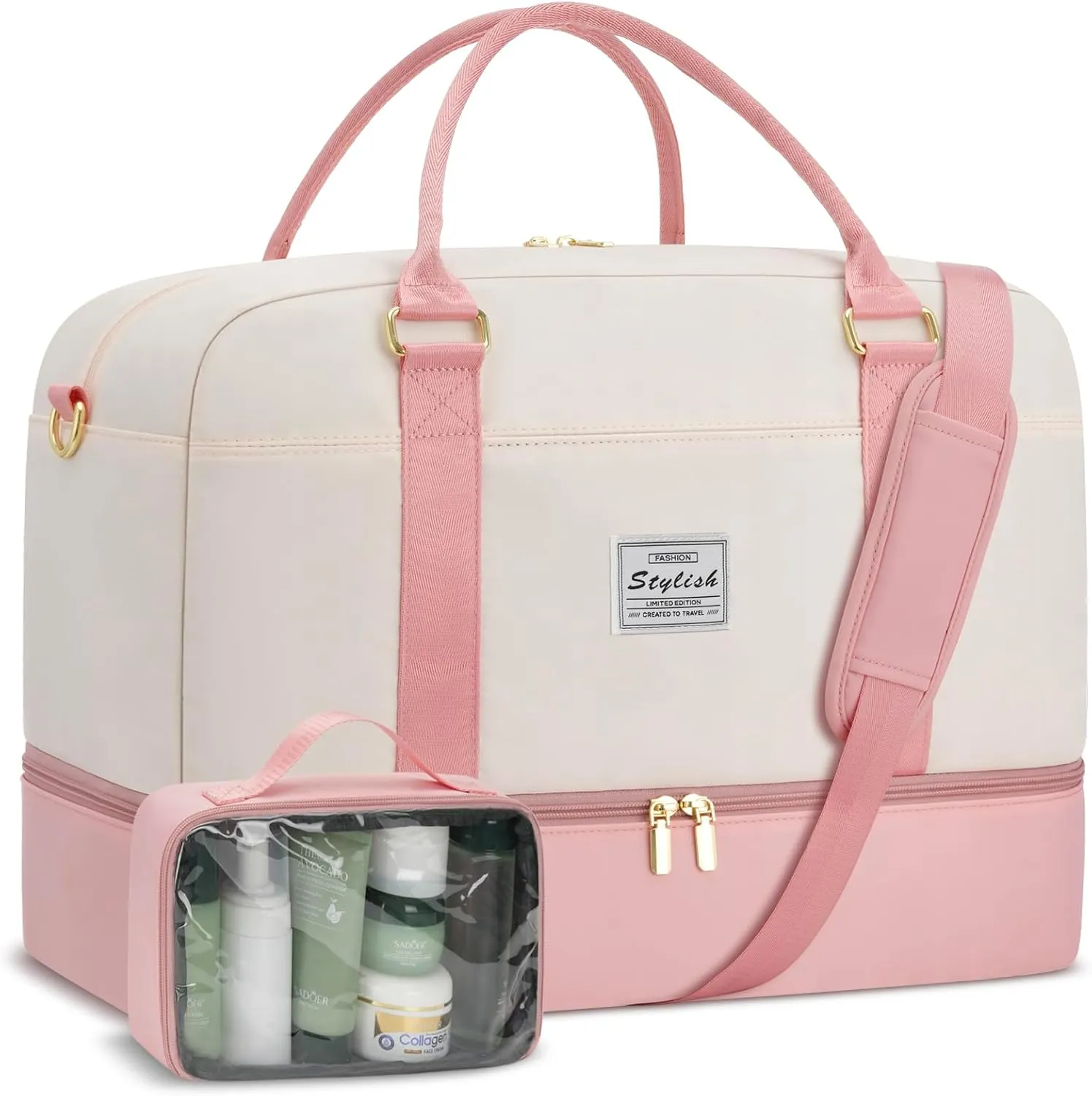 Weekender Bags for Women Travel Duffel- Overnight Bag for Women with Shoe Compartment Carry On Duffle Weekend Yoga Gym Bag Beige Pink