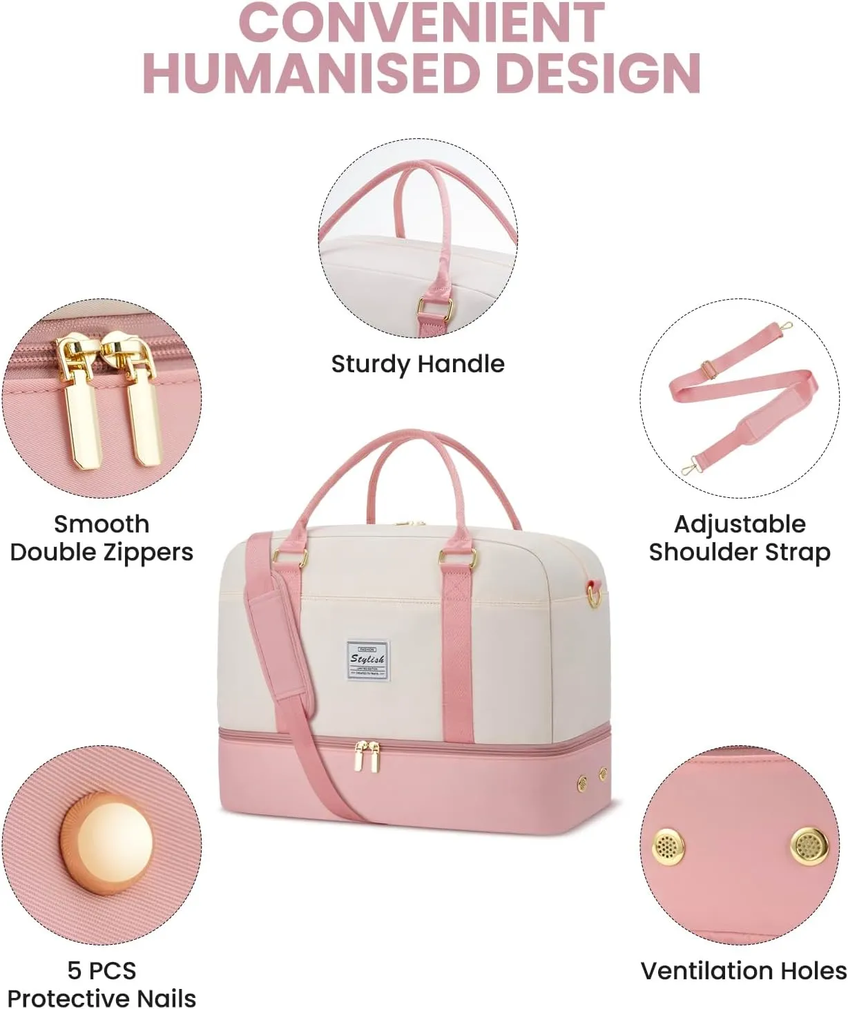Weekender Bags for Women Travel Duffel- Overnight Bag for Women with Shoe Compartment Carry On Duffle Weekend Yoga Gym Bag Beige Pink