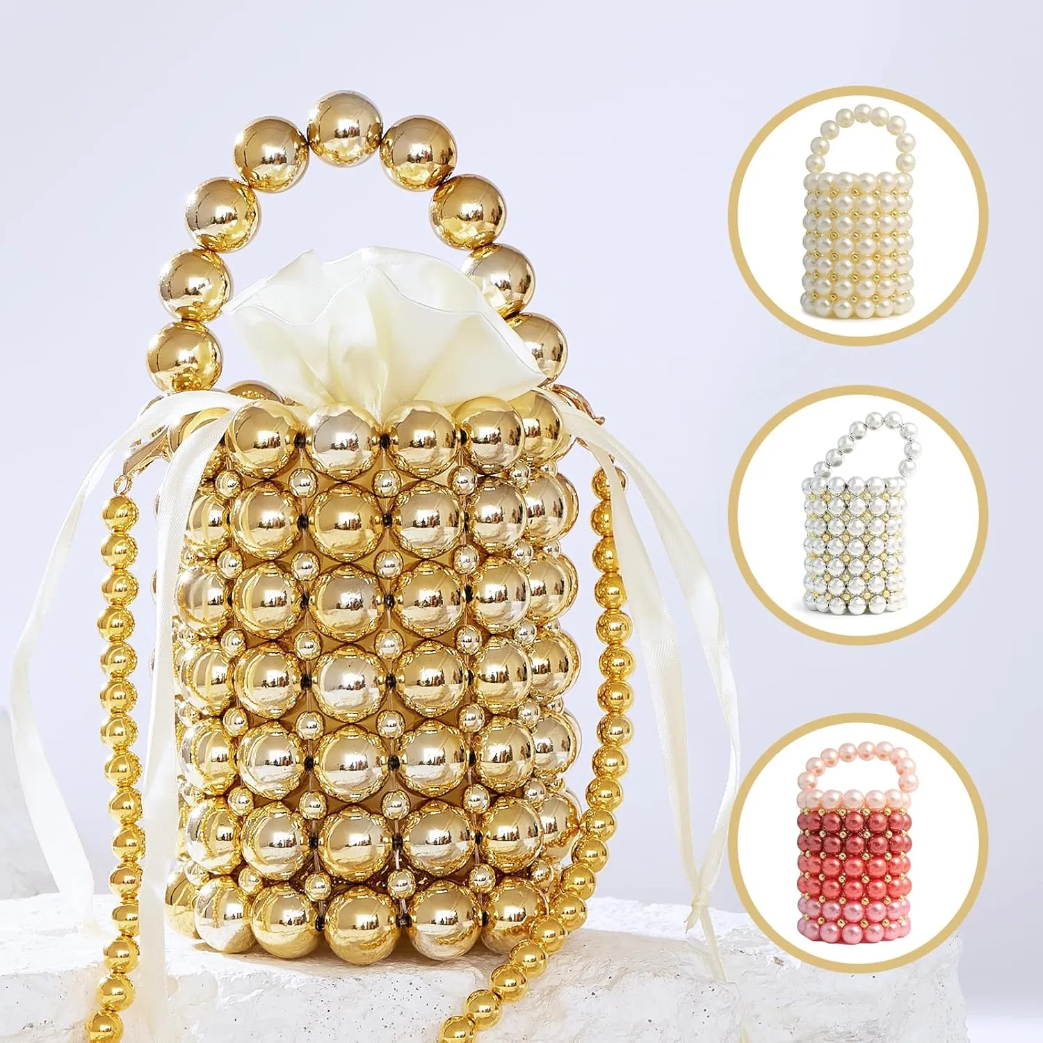 white pearl Women Beaded crossbody purse Evening Bucket Handmade Bags with DustBag for Wedding Party banquet
