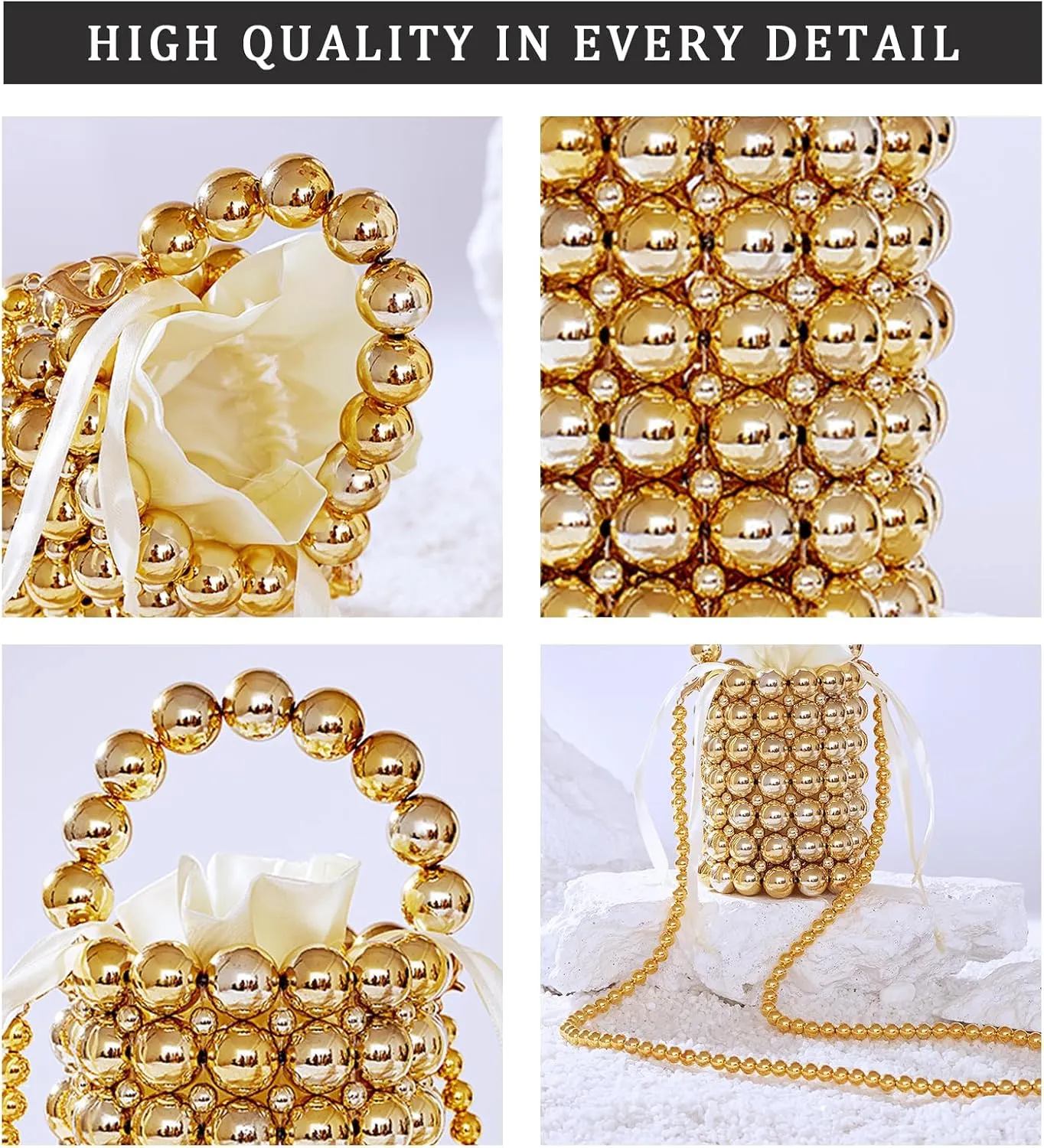 white pearl Women Beaded crossbody purse Evening Bucket Handmade Bags with DustBag for Wedding Party banquet