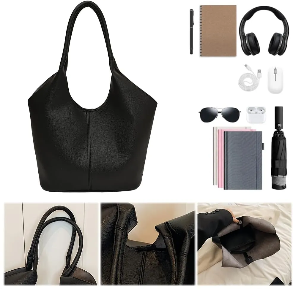 Women PU Tote Bag Simple Shoulder Purse Large Capacity Vegan Leather Bucket Bag Solid Color Fashion Shoulder Bag Out