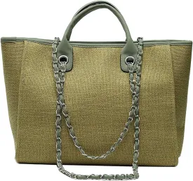 Women's canvas shoulder bag, large capacity handbag, single shoulder bag, handbag with chain (Green)