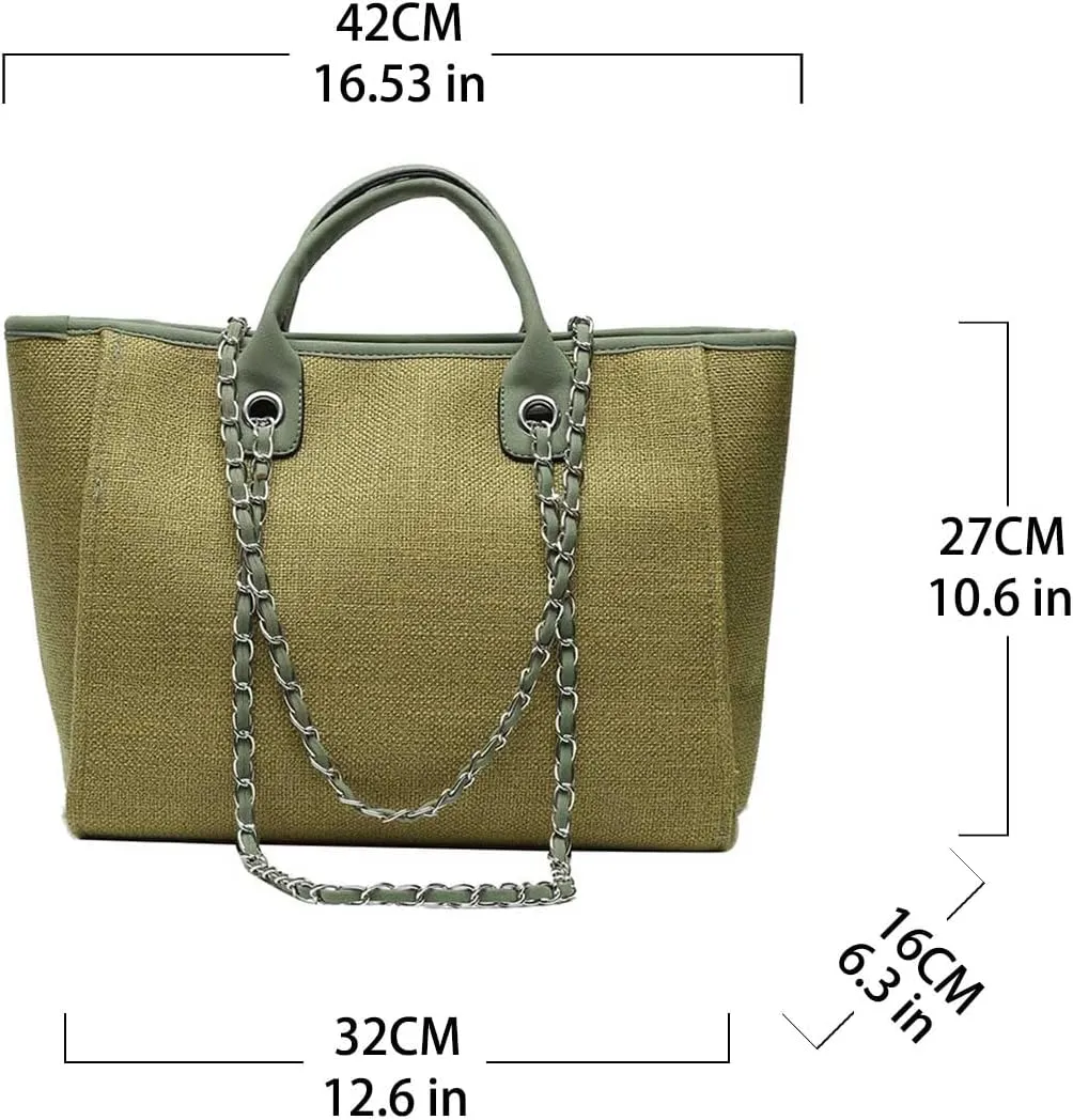 Women's canvas shoulder bag, large capacity handbag, single shoulder bag, handbag with chain (Green)
