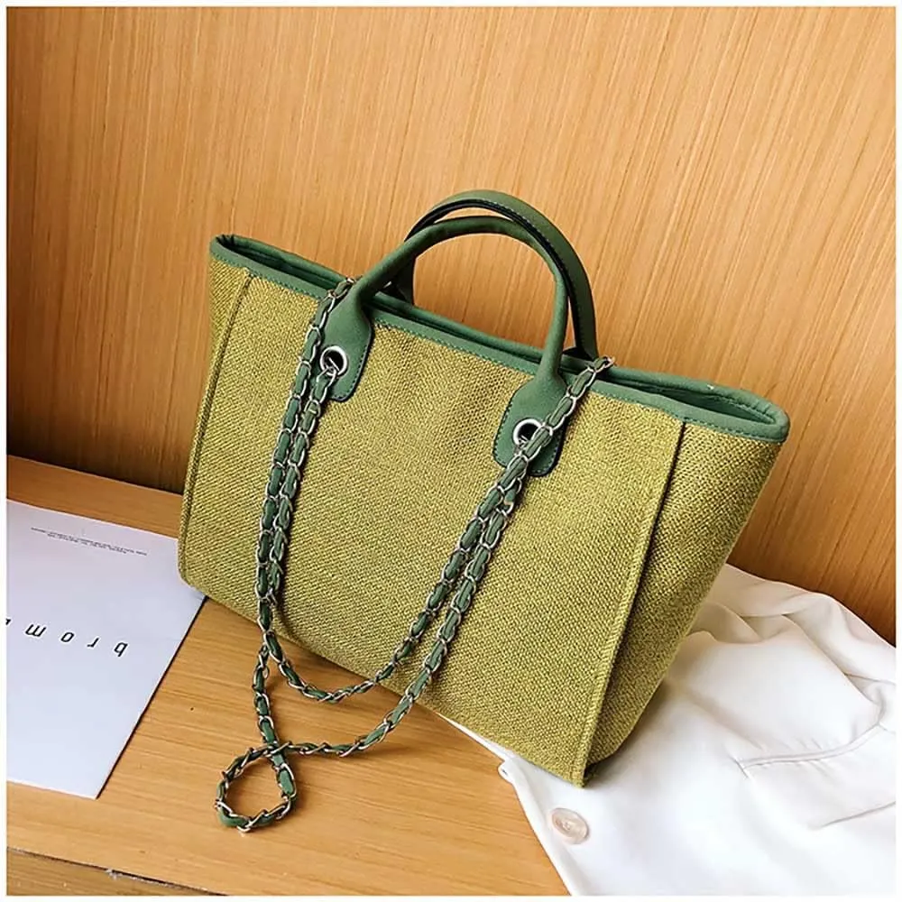 Women's canvas shoulder bag, large capacity handbag, single shoulder bag, handbag with chain (Green)
