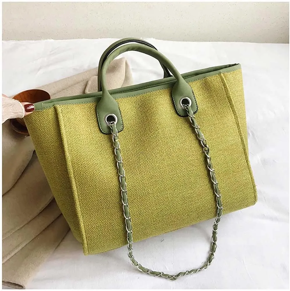 Women's canvas shoulder bag, large capacity handbag, single shoulder bag, handbag with chain (Green)