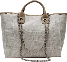Women's canvas shoulder bag, large capacity handbag, single shoulder bag, handbag with chain (khaki)