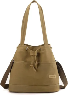 Women's Drawstring Canvas Tote Handbag - Large Shoulder & Crossbody Bag with Top Handle