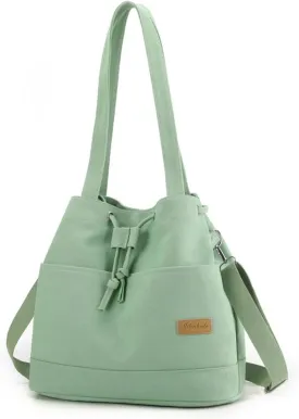 Women's Drawstring Canvas Tote Handbag - Large Shoulder & Crossbody Bag with Top Handle