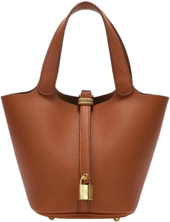 Women's Leather Tote Bag: Fashionable Lock Design Solid Color Bucket Bag Mini Handbag Wallet Handbag
