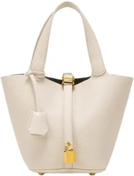 Women's Leather Tote Bag: Fashionable Lock Design Solid Color Bucket Bag Mini Handbag Wallet Handbag