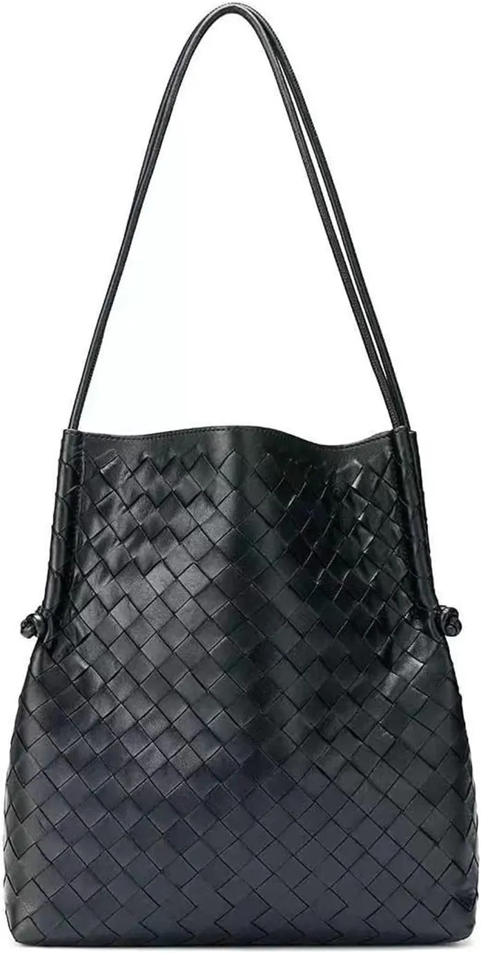 Woven Large Leather Shoulder Bag Large Capacity Tote Bag Genuine Leather Bucket Bag Armpit Bag(A)