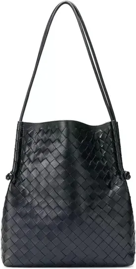 Woven Large Leather Shoulder Bag Large Capacity Tote Bag Genuine Leather Bucket Bag Armpit Bag(A)