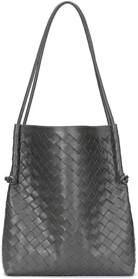 Woven Large Leather Shoulder Bag Large Capacity Tote Bag Genuine Leather Bucket Bag Armpit Bag(C)