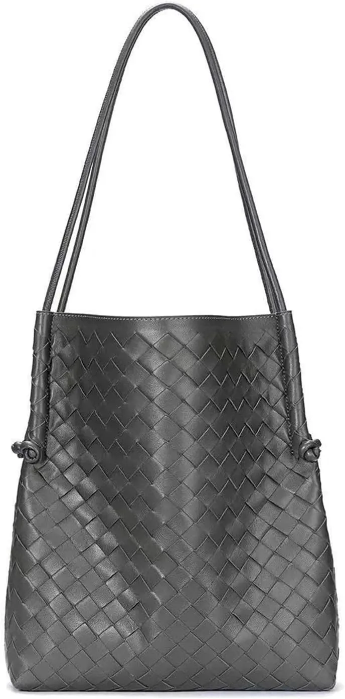 Woven Large Leather Shoulder Bag Large Capacity Tote Bag Genuine Leather Bucket Bag Armpit Bag(C)